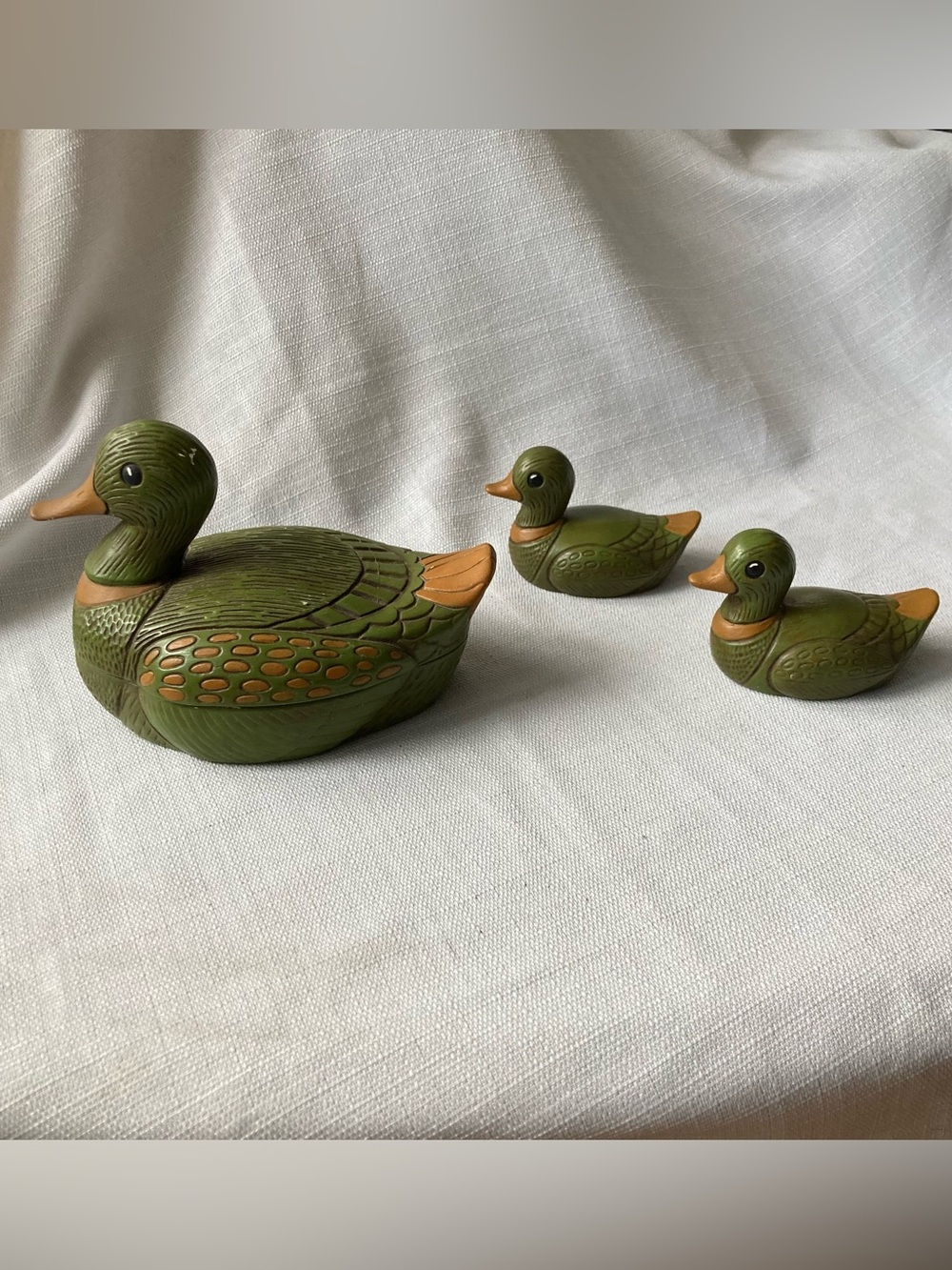*Flawed* Handmade Handpainted Ceramic Mama Duck Lidded Dish and Two Baby Ducks!